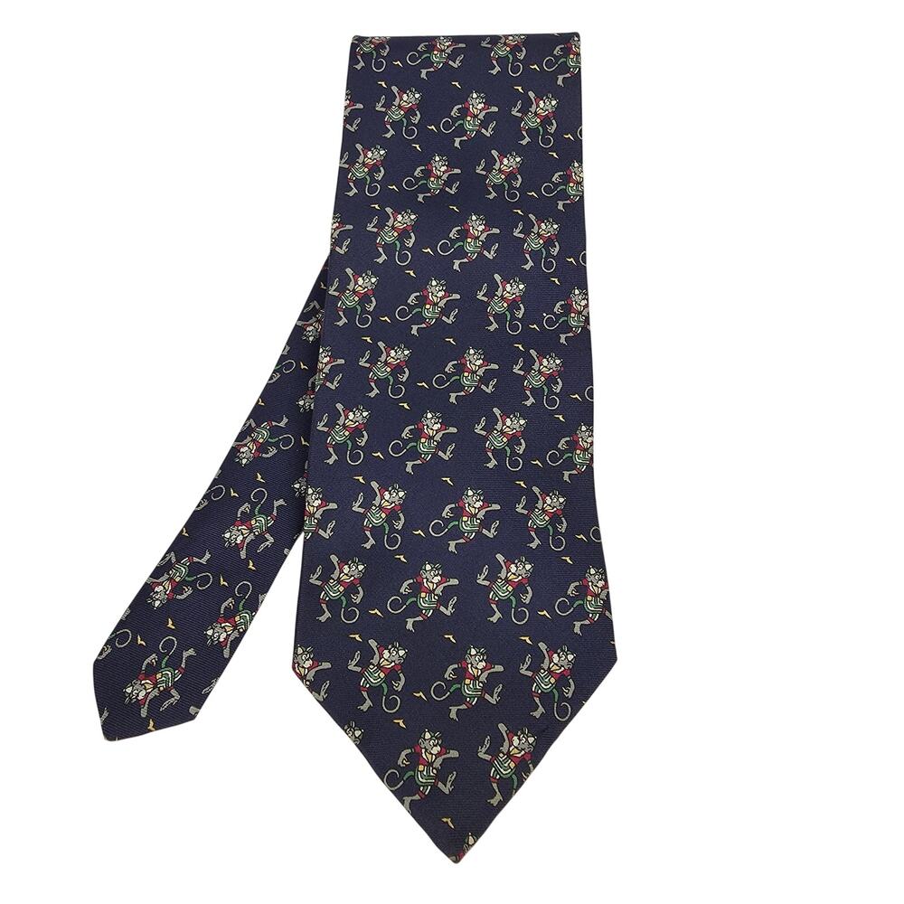 CHRISTIAN DIOR MONSIEUR 4” SILK TIE – NAVY NOVELTY MONKEY PRINT – VINTAGE